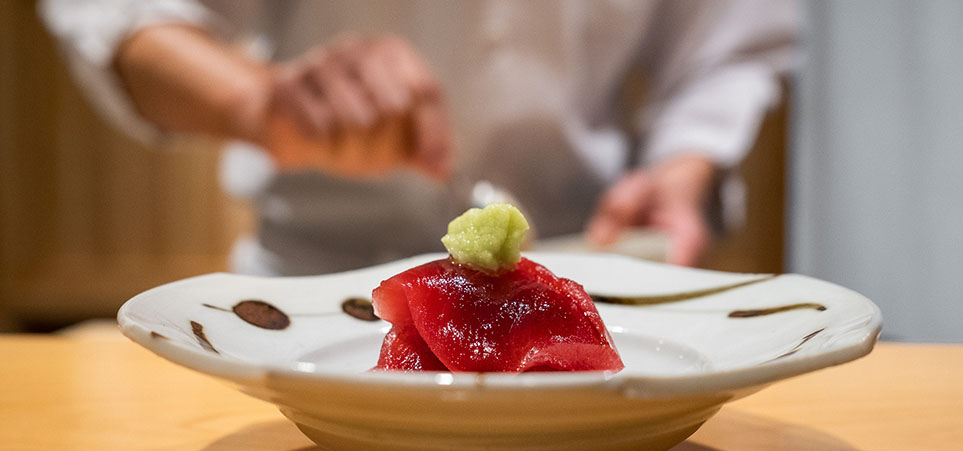 Midway through the course, Tempura Iwai presents its iconic tuna sashimi